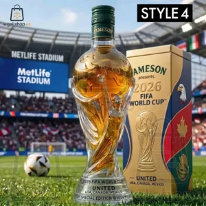 Jameson 2026 FIFA World Cup Special Edition whisky bottle shaped like the trophy at MetLife Stadium.