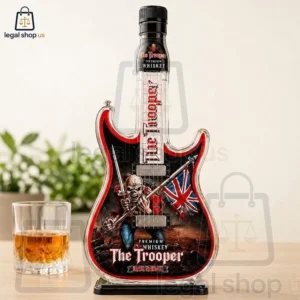 2026 Iron Maidens The Trooper Guitar Whiskey Bottle Iron Maiden The Trooper guitar-shaped premium whiskey bottle with a glass of spirit