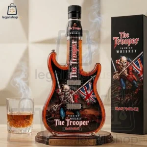 2026 Iron Maidens The Trooper Guitar Whiskey Bottle Iron Maiden The Trooper guitar-shaped premium whiskey bottle with branded gift box and glass.