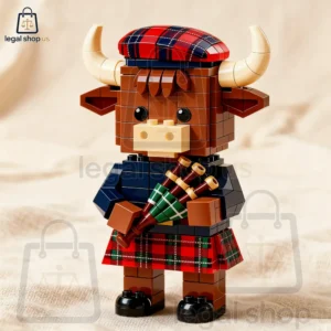 A Scottish Highland cow built from building blocks wearing a kilt and hat with bagpipes