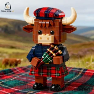 Scottish Highland cow figure built from building bricks holding bagpipes