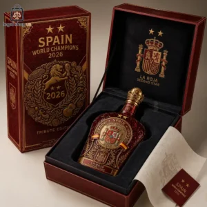 Commemorative bottle of Spain World Champions 2026 tribute edition liquor in a luxury presentation box.