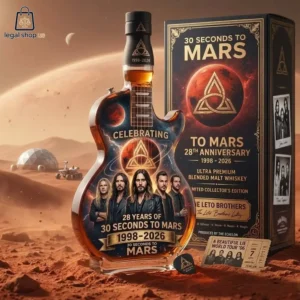 30 Seconds to Mars 28th anniversary limited edition guitar-shaped whiskey bottle on Mars landscape