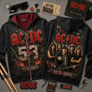 Black AC/DC zip-up hoodie featuring band graphics and 1973-2026 anniversary artwork.