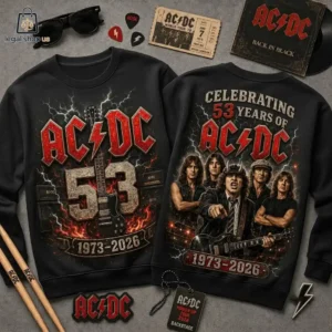 Two black AC/DC band sweatshirts with graphic anniversary designs featuring the band members and tour memorabilia.