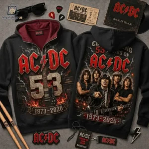 AC/DC 53rd anniversary band merchandise hoodie featuring classic rock imagery