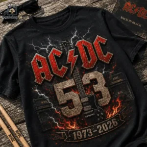 Black AC/DC band commemorative t-shirt with lightning and guitar graphic