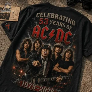 Black AC/DC graphic t-shirt commemorating 53 years of the band