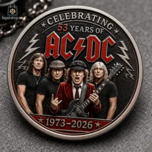 ACDC 53rd Anniversary Commemorative Challenge Coin Commemorative metal coin featuring AC/DC band members and anniversary text