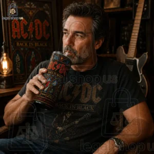 Man wearing AC/DC Back in Black t-shirt drinking from a stained glass designed tumbler