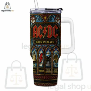 AC/DC Back in Black themed stainless steel tumbler with handle and straw