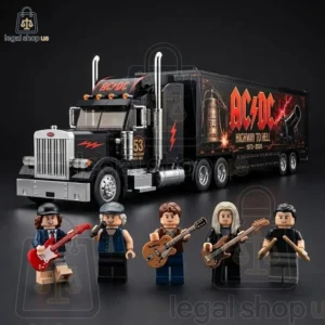 Custom building block set featuring an AC/DC tour truck and miniature rock band figures