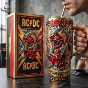 AC/DC themed tumbler cup and matching display box with rock n roll devil character.
