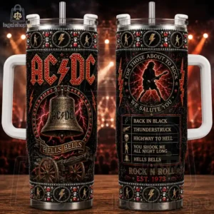 Double-sided stainless steel tumbler featuring AC/DC band themes and iconic song titles.