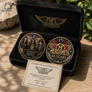 Aerosmith 56th Anniversary Commemorative Challenge Coin Aerosmith 56th anniversary commemorative coins in a display case with a certificate of authenticity.