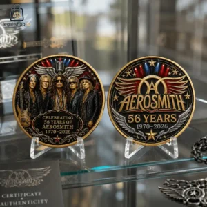 Aerosmith 56th Anniversary Commemorative Challenge Coin Aerosmith 56th anniversary commemorative coins on display stands