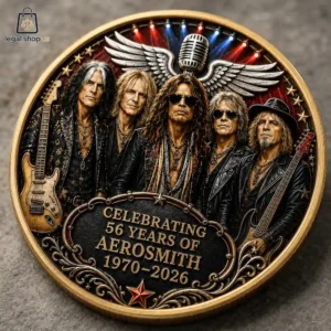 Aerosmith 56th Anniversary Commemorative Challenge Coin Commemorative coin featuring Aerosmith band members celebrating 56 years of music.