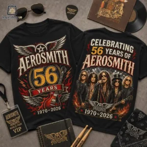 Aerosmith 56th anniversary black graphic t-shirts with band members and commemorative logo