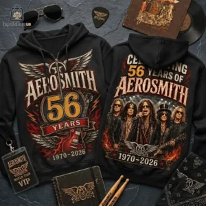 Aerosmith 56th anniversary black hoodies featuring band imagery and vintage guitar graphics.