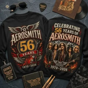 Black Aerosmith 56th Anniversary sweatshirt featuring band members and guitar graphics