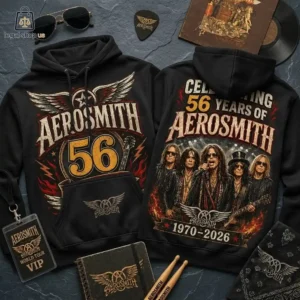 Aerosmith 56th anniversary black hoodies with band member graphics and memorabilia