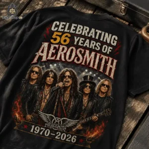 Aerosmith 56th anniversary graphic t-shirt featuring band members and concert dates