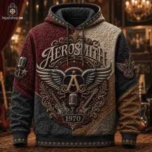 Aerosmith 1970 themed hoodie with vintage ornate texture and rock music iconography