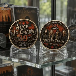 Alice In Chains 39th Anniversary 1987-2026 Commemorative Coin Two Alice in Chains commemorative collector coins displayed on clear acrylic stands