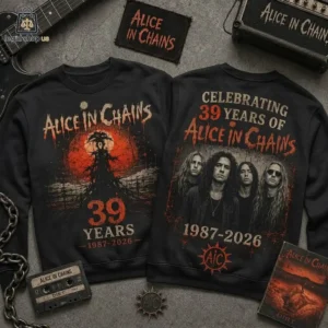 Alice in Chains 39th anniversary tribute graphic sweatshirt featuring band members and grunge aesthetic.