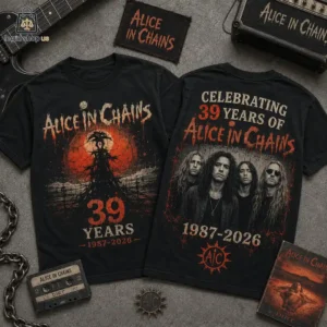 Alice in Chains 39th anniversary commemorative t-shirt featuring band members and gothic art.