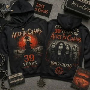Two black hoodies featuring Alice in Chains 39th anniversary designs with band members and album imagery.