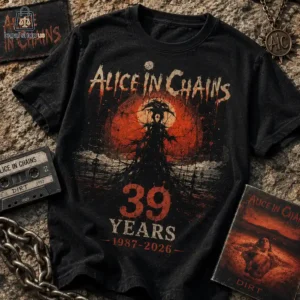 Alice in Chains 39th anniversary tribute black t-shirt featuring a dark sunset illustration.
