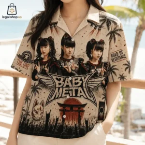 Person wearing a beige tropical shirt featuring Babymetal members and Japanese-inspired graphics