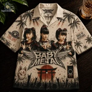 Babymetal themed button-up Hawaiian shirt featuring band members and concert graphics