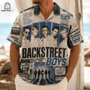 Man wearing a cream and blue Backstreet Boys vintage-inspired button-up shirt