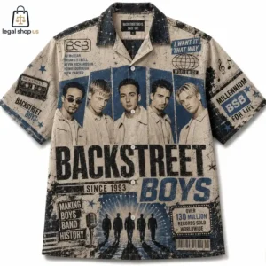 Vintage-inspired Backstreet Boys short-sleeve collared shirt with band member portraits and graphic elements