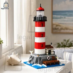 A detailed model lighthouse built from construction blocks on a table.