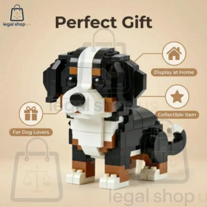 A building block model of a Bernese Mountain Dog puppy on a light tan background.