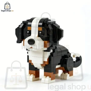 A small Bernese Mountain Dog built from plastic building bricks on a white background