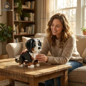 Woman building a brick-constructed Bernese Mountain Dog puppy model at home