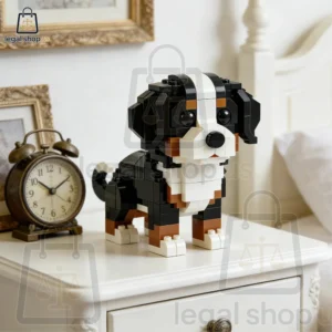 A decorative block-built Bernese Mountain Dog figurine on a nightstand.