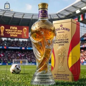 Royal Crown 2026 FIFA World Cup Spain commemorative whiskey bottle and gift box on a soccer field