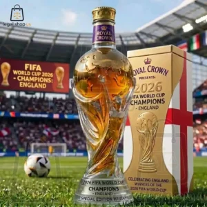 2026 England FIFA World Cup Trophy Crown Royal Bottle Commemorative Royal Crown whisky bottle celebrating England as 2026 FIFA World Cup champions on a football pitch.