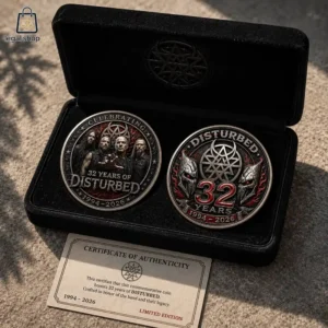 Disturbed 32nd Of Thrash Metal 1994-2026 Commemorative Coin Disturbed 32nd anniversary commemorative metal coins in a presentation case
