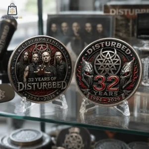 Disturbed 32nd Of Thrash Metal 1994-2026 Commemorative Coin Two commemorative Disturbed coins on display stands
