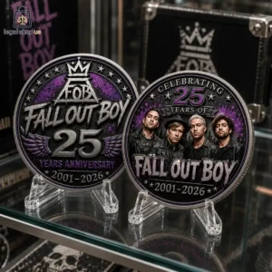 Fall Out Boy 25th Anniversary Commemorative Challenge Coin Fall Out Boy 25th anniversary commemorative coins on display stands