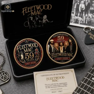 Fleetwood Mac 59th anniversary commemorative coins in a display box with certificate