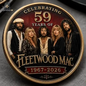 Fleetwood Mac commemorative 59th anniversary gold-toned medallion featuring band portrait.