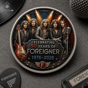 Commemorative 50th anniversary metal coin for the rock band Foreigner.