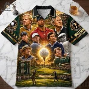 Golf legends polo shirt featuring iconic golfers and a scoreboard design.